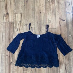 blue off the shoulder shirt